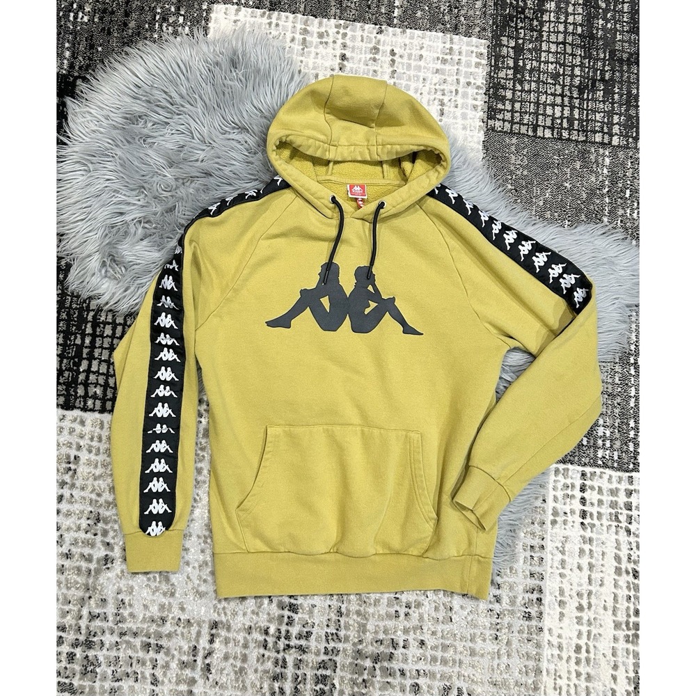 Vintage Kappa Mens Large Spell Out Taped Logo Hoodie Sweatshirt Yellow Sports